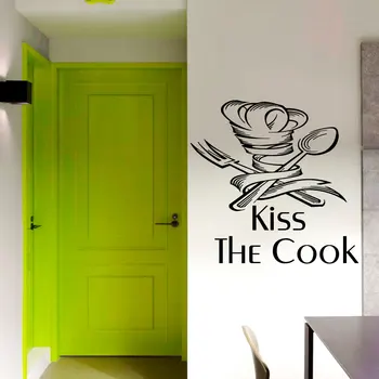 

Kiss The Cook Ribbon Cutlery Wall Sticker Creative Hollow Out Home Decor Waterproof Removable Wall Decals