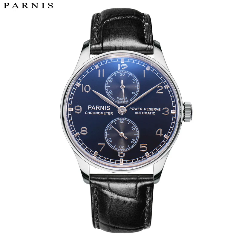 Beste Hot Koop 43mm Parnis Mens Mechanische Horloges Polshorloge Mannen Automatische Power Reserve Zwarte Wijzerplaat Horloge Mannelijke relogios Waterdicht
