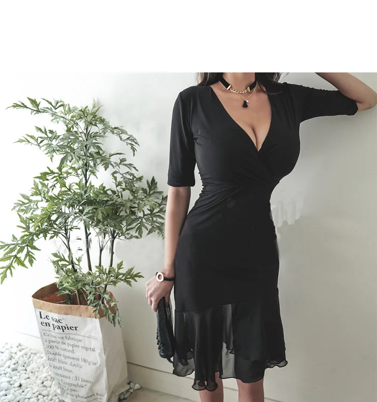 Летнее Повседневное платье миди с коротким рукавом, глубокий v-образный вырез, корсет, труба, женские платья, женское черное облегающее платье, плюс размер, Халат