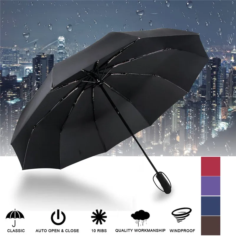 Folding Automatic Wind Resistant Umbrella Rain Women Auto Luxury Big Windproof Umbrellas Rain For Men Black Coating 10K Parasol