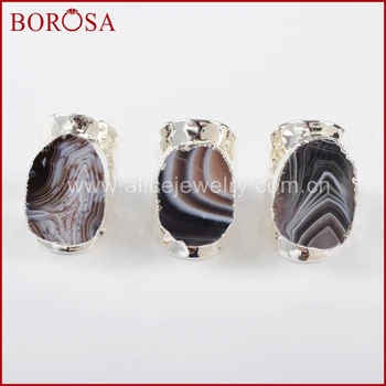 

BOROSA Silver Color Natural Onyx Agates Druzy Stone Open Band Ring Natural Gems Rings for Party Wholesale S1389