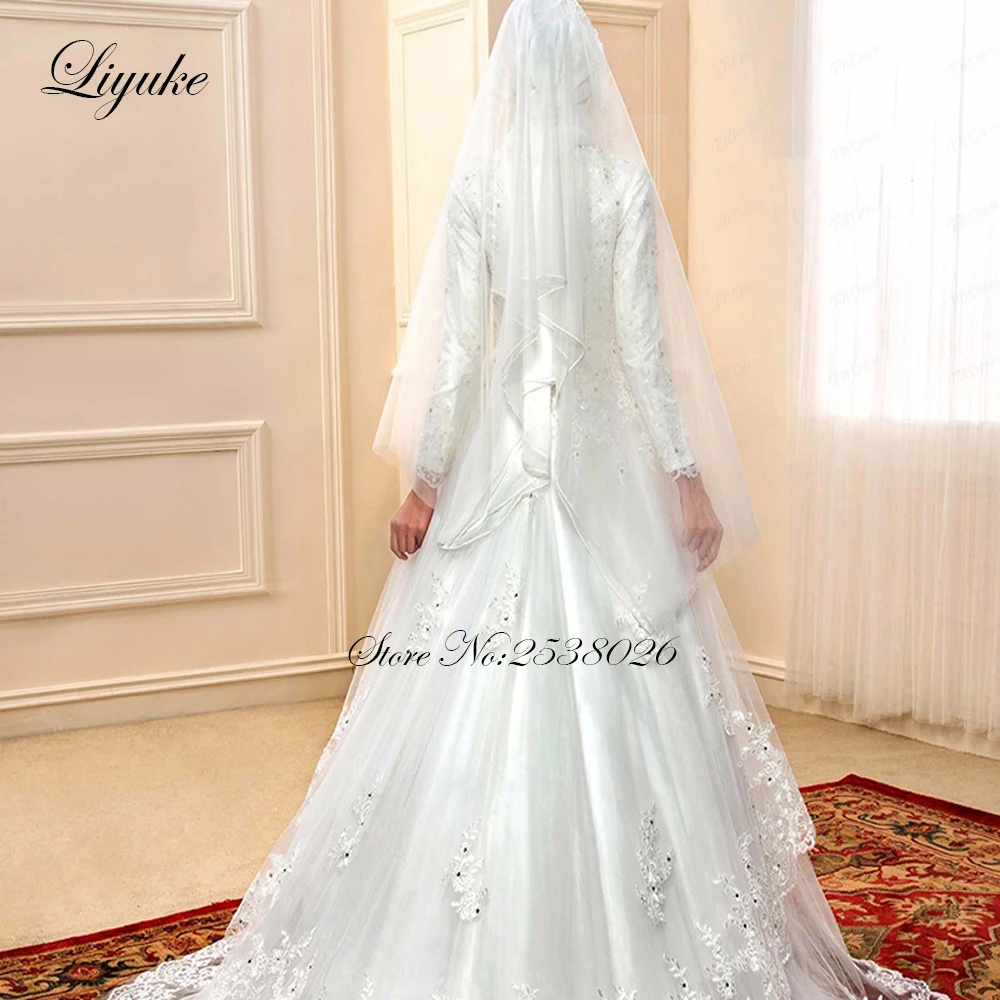 Liyuke Off Белое мусульманское свадебное платье с простой аппликацией Vestido De Noiva Элегантные Длинные свадебные платья с длинными рукавами на молнии