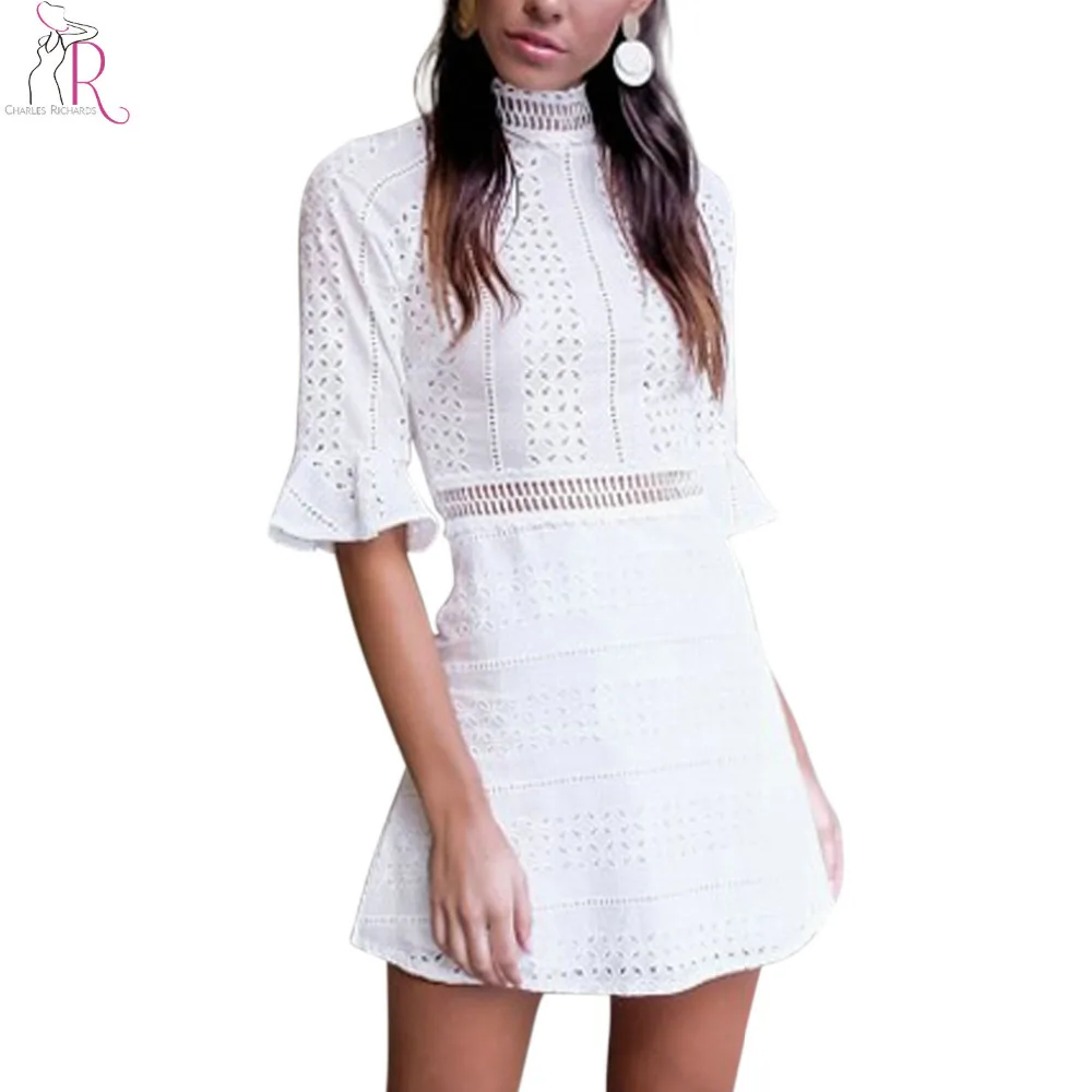 

White Mini A Line Vintage Dress Women 2017 High Neck Hollow Out Flared Half Sleeve Elegant High Waist Back With Zipper Wear