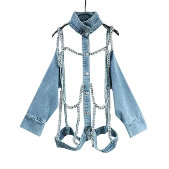 

2019 Casual Design Chain Hollow Out Turn Down Collar Autumn Women Jacket Coat Long Sleeve Women Denim Coat Casaco Feminino