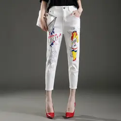 Новые модные женские белые джинсы с принтом женские девять-брюки женские цветные джинсы стрейч штаны шаровары брюки