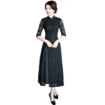 

Fashion Chinese Style Long Cheongsam New Arrival Black Women's Lace Dress Elegant Qipao Vestidos Size S M L XL XXL XXXL 6X5810