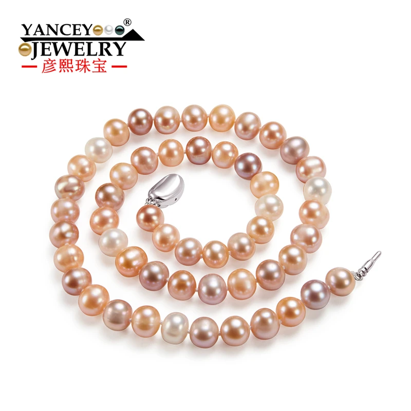 Classic White +pink + purple, colorful fresh water pearl necklace 9-10MM, Strong luster, S925 silver, Higher cost performance