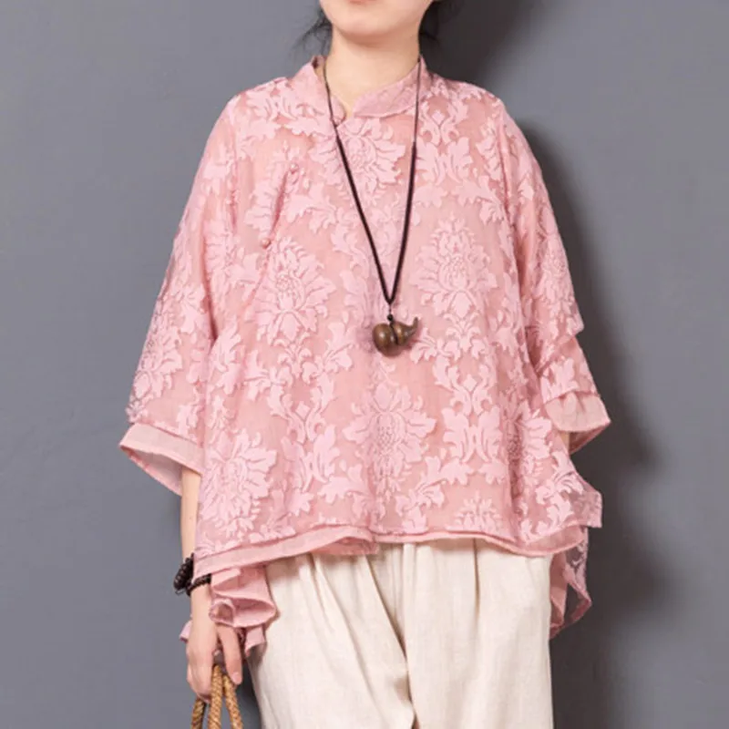 Новинка, женские блузки в китайском стиле, хлопковые, льняные, лоскутные, кружевные, с принтом, Осенние, женские, со стоячим воротником, Необычные винтажные рубашки - Цвет: Розовый