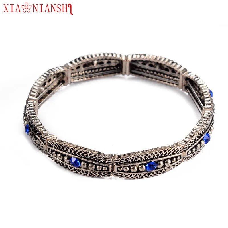 

XIAONIANSHI Women Fashion Vintage Antique silver bracelets & bangles stretch Bracelet Retro Crystal Turkey Europe style Jewelry