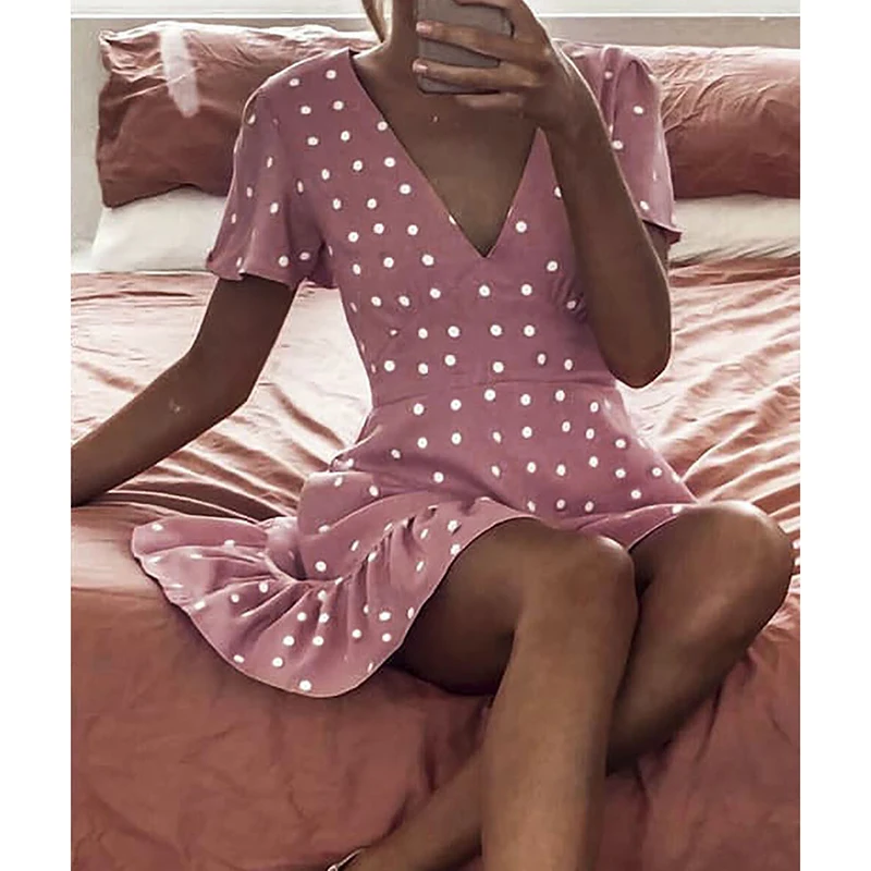 

Vintage Summer Dress Women Pretty A-Line Dresses Polka Dot Print Bohemian Sundress Mini Short Sleeve Boho Clothing 2019 SJ3387T