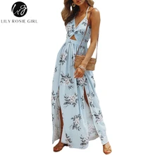 Lírio Rosie Menina Backless Praia Chiffon As Mulheres Se Vestem Halter V Cultura pescoço Arco Maxi Vestido Boho Floral Sexy Vestido de Divisão Vestidos