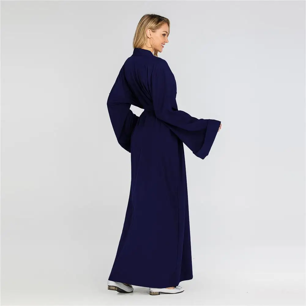 Cor Sólida Manga Comprida Árabe Robe Vestido Meio vestido leste