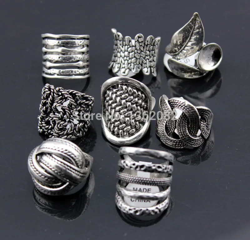 

Random Style~ Antique Silver Plated Alloy Ring Gypsy Big Metallic Wide Finger Rings for women men Party Jewelry Gift YR100
