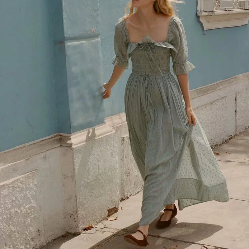 

Women Square Neck Long Dress Casual Female Puff Sleeve Boho Dress Vintage Ruffle Bohemian Backless Beach Dress for Party