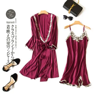 

Women Silk Nightdress Bridesmaid Robes Gown Sets 2 pcs set of Robe & Gown Female Sexy Lingerie Gressing Gown Bathrobe Set Hot