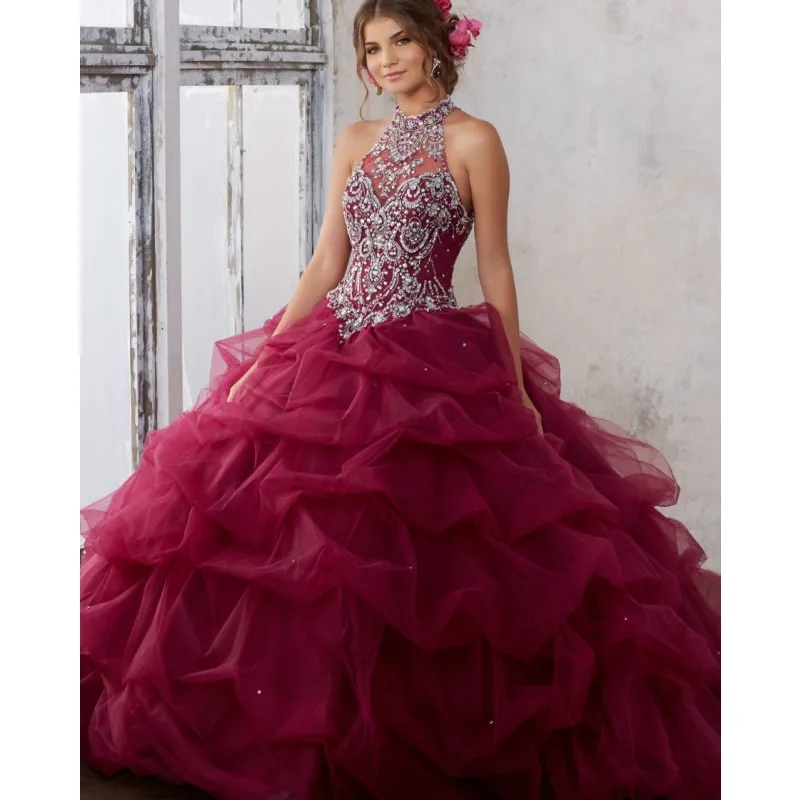 Блестящее бальное платье бордовые платья Quinceanera Пышная юбка из бисера с украшением в виде кристаллов Формальные 15 лет платье для выпускного вечера дешевые