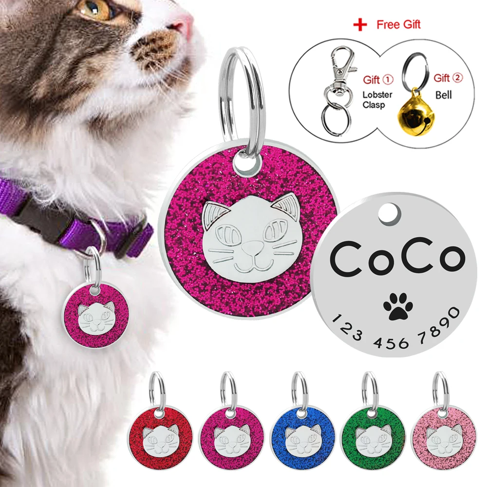 

Glitter Dog Cat ID Tag Custom Engraved Round Tags For Cats Pet Kitten Collar Accessory Anti-lost Puppy Dogs Name Phone Tags Bell