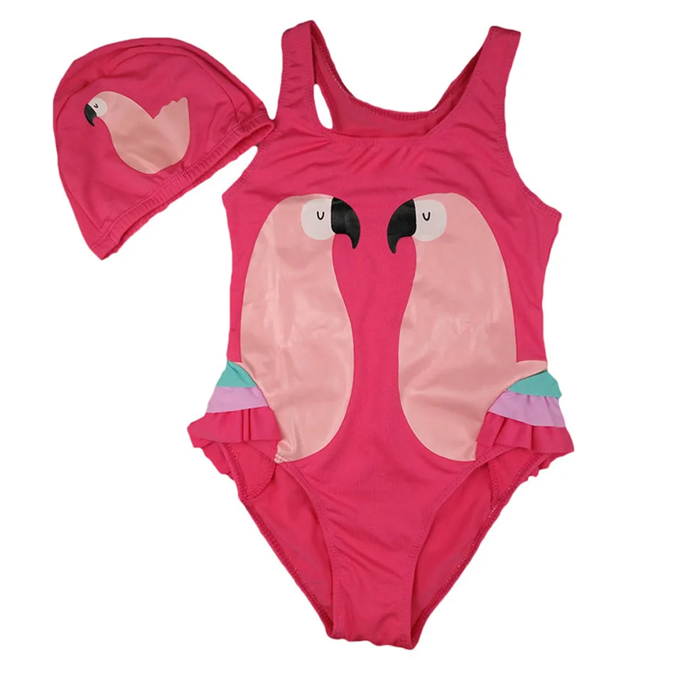 Детский купальник с Фламинго; одежда для купания с шапкой для девочек; цельный купальник для детей; купальный костюм для девочек; одежда для купания; детский купальник - Цвет: Red