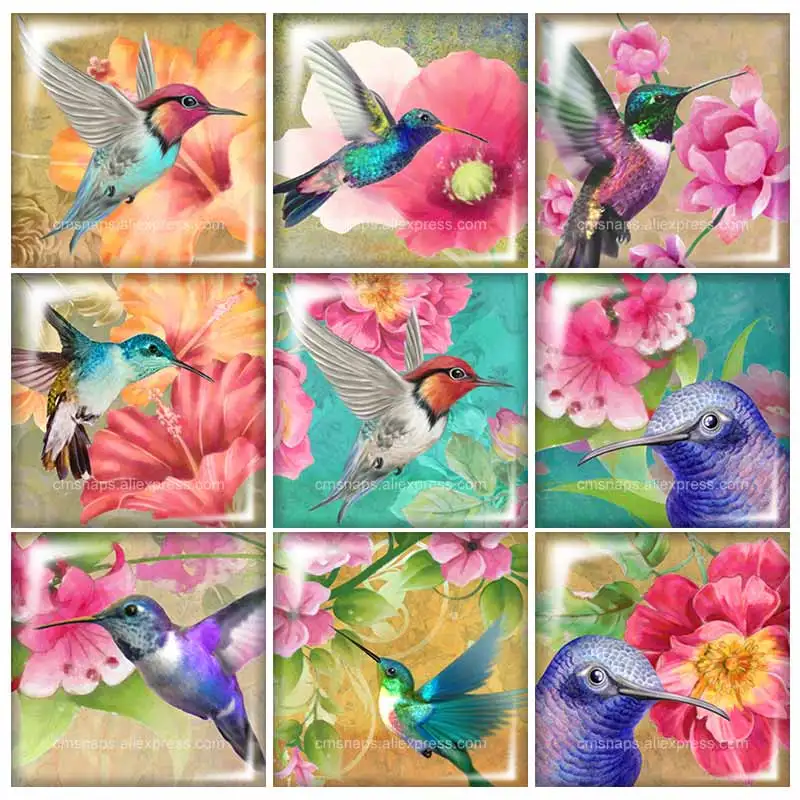 

Beauty Flower Birds Hummingbird Square glass cabochon 10pcs 12mm/20mm/25mm/30mm Size flat back DIY Jewelry Findings Components