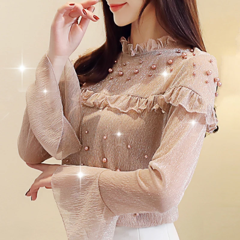 

fashion woman blouses 2019 womens clothing long sleeve women shirts Beading blouse shirt womens tops and blouses blusas A764