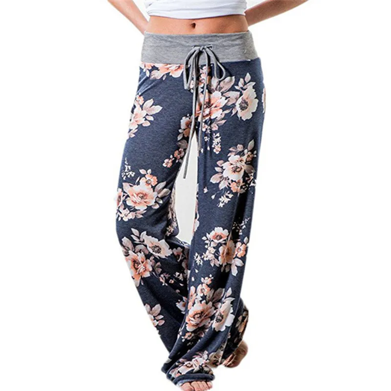 

Causal Women Spring Summer Floral Print Long Pants 2019 Drawstring Wide Leg Pants Loose Straight Trousers Plus Size Trousers