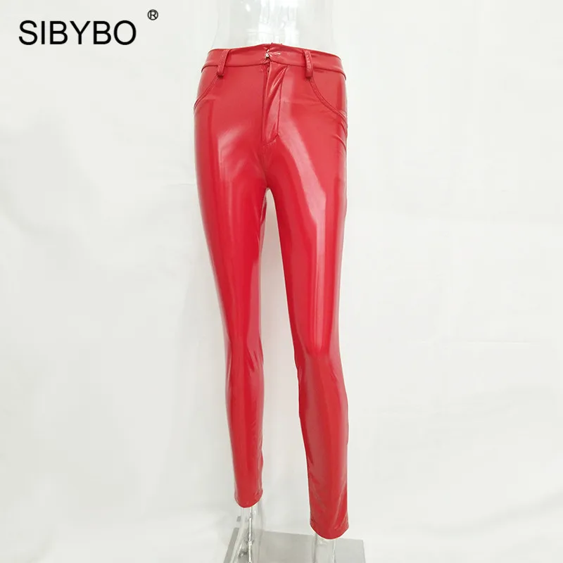 Sibybo/повседневные женские брюки с высокой талией из искусственной кожи; Новинка осени; узкие брюки-карандаш с пуговицами; черные пикантные женские брюки