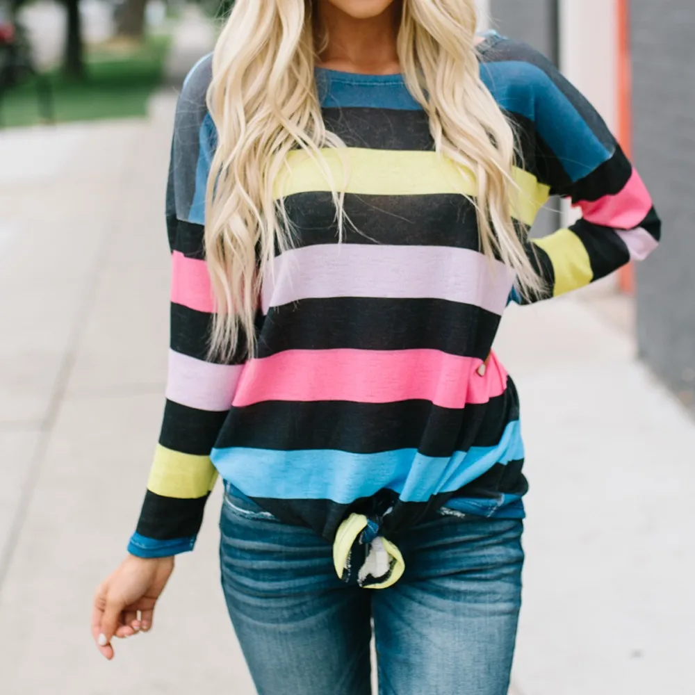 

Plus Size Women T Shirt Long Sleeve Stripe Print Pullover Tie Sweatshirt Tops Fashion Tee Shirt Femme Manche Longue