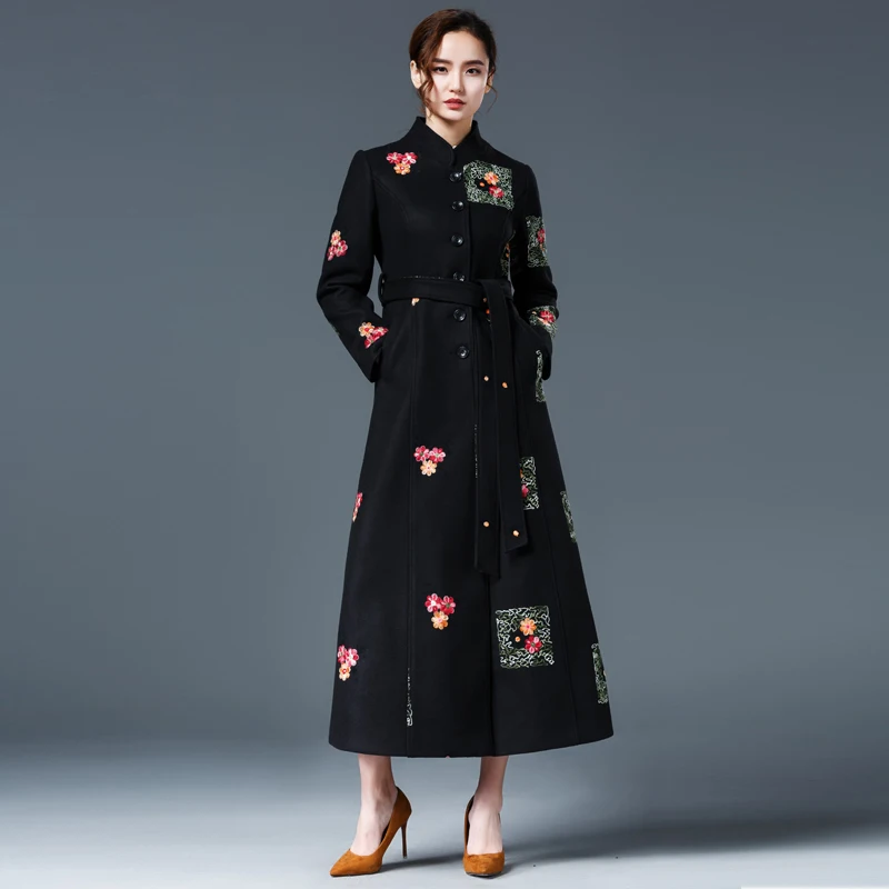 Mujer Femmes Survêtement Taille Rétro N308 Grey Laine Haute elegant Grande Black Mince 2018 De Hiver Nouvelles Qualité Long Mode Abrigo Manteau Broderie Automne pXUqpd