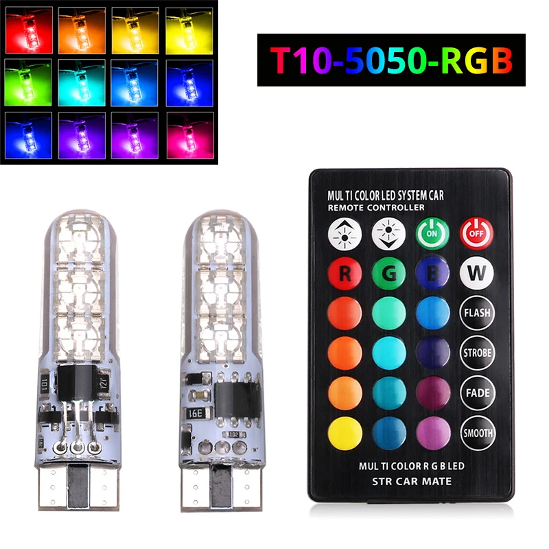 2x T10 W5W светодиодный огни автомобиля светодиодный лампы RGB 194 168 501 стробоскоп светодиодный светильник Лампы для чтения с пультом дистанционного управления Управление белого цвета-красный, желтый, 12V