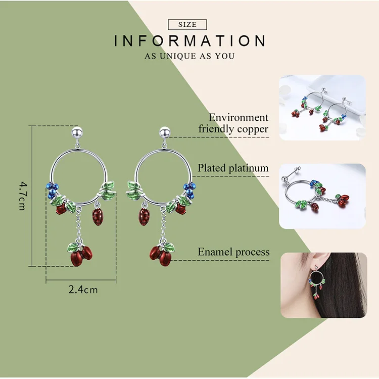 BAMOER, серебряный цвет, винтажные сережки в стиле Midsummer Eden, вишня, фрукты, клубника, висячие серьги для женщин, модные серьги, ювелирное изделие, YIE123
