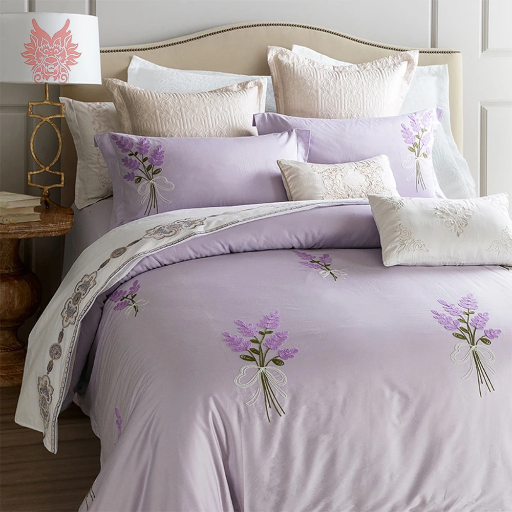 60S Cotton tribute silk bedding set France style purple floral embroidery duvet cover set