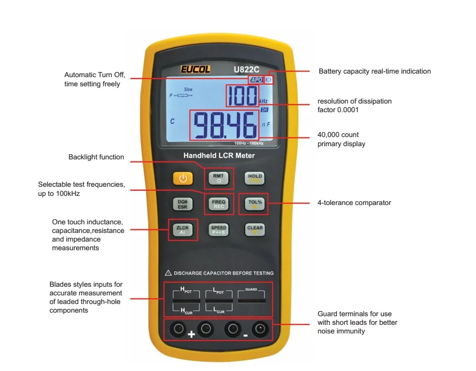 U822C ручной измеритель иммитанса частота тестирования 100 Гц, 120 Гц, 1 кГц, 10 кГц 100 кГц