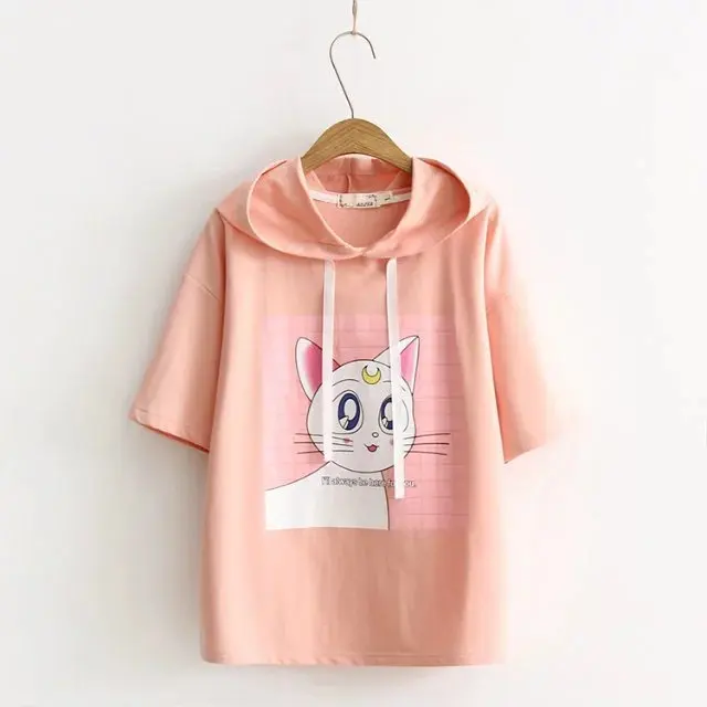 Мори девушка милые летние женские футболки Сейлор Мун кошка с ушками Кепка женские Kawaii Топы японская мода милые повседневные футболки топы