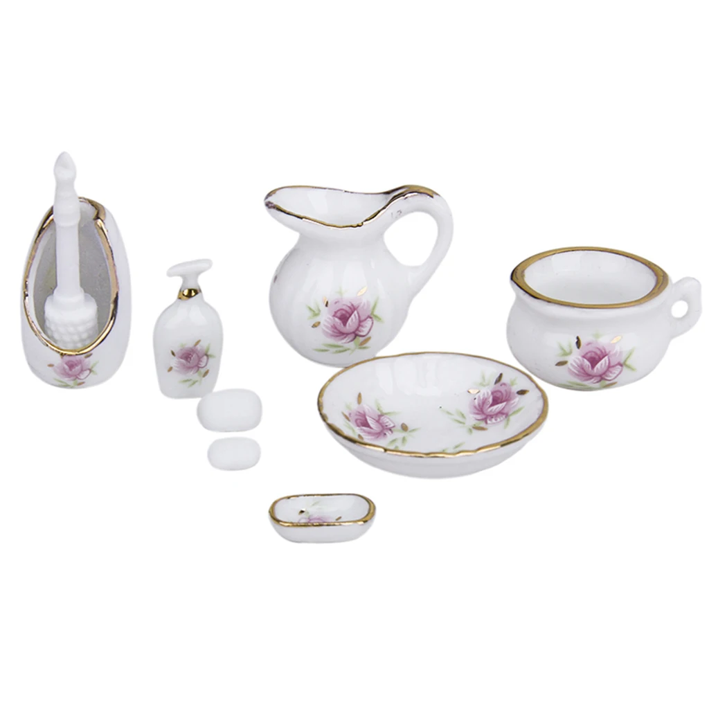 8PCS Decorative Floral Ceramic Bathroom Accessories Set for 1/12 Dollhouse