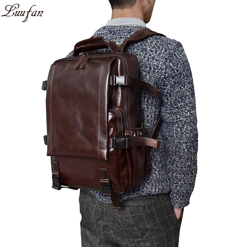 

Men's crazy horse Leather backpack Multifunctional genuine leather 14" Laptop rucksack Cow Leather school bags shoulder bag
