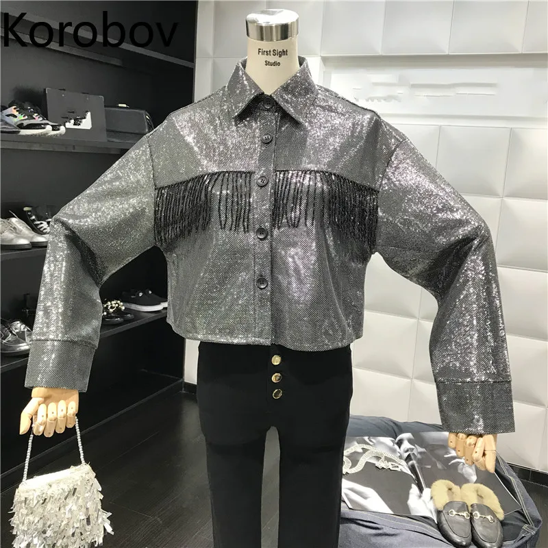 

Korobov Summer New Vohue Shiny Tassel Patchwork Coats Turn-down Collar Single Breasted Short Jacket Batwing Sleeve Coats 77854