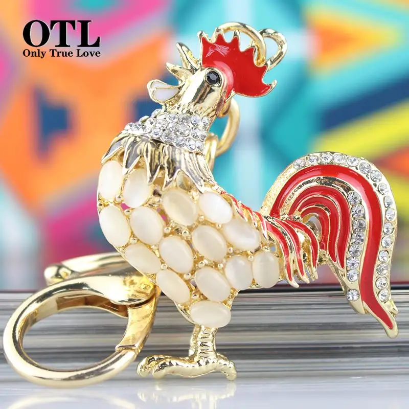 Opals Cock Rooster Chicken Lovely Crystal Keyrings Keychains Rhinestone Bag Pendant Key chains Christmas Gift Jewelry Llaveros