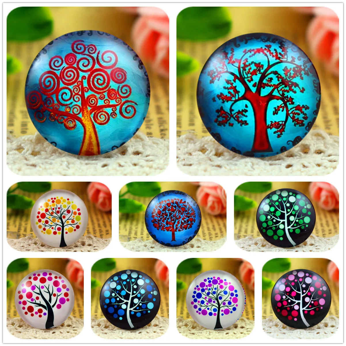 

New Fashion 5pcs/Lot 25mm Handmade ColorsTree Photo Glass Cabochons