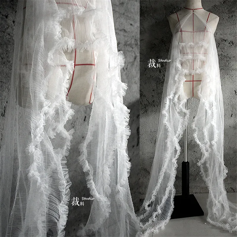 

90cm*45cm/piece Large lace mesh flounce perspective pleated mesh fabric pleated accessories fashion designer fabrics