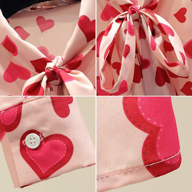 New Womens Tops Fashion Summer autumer long sleeve Leisure Chiffon Blouse Casual Female Bow pink tops Heart shape Blusas DF2334