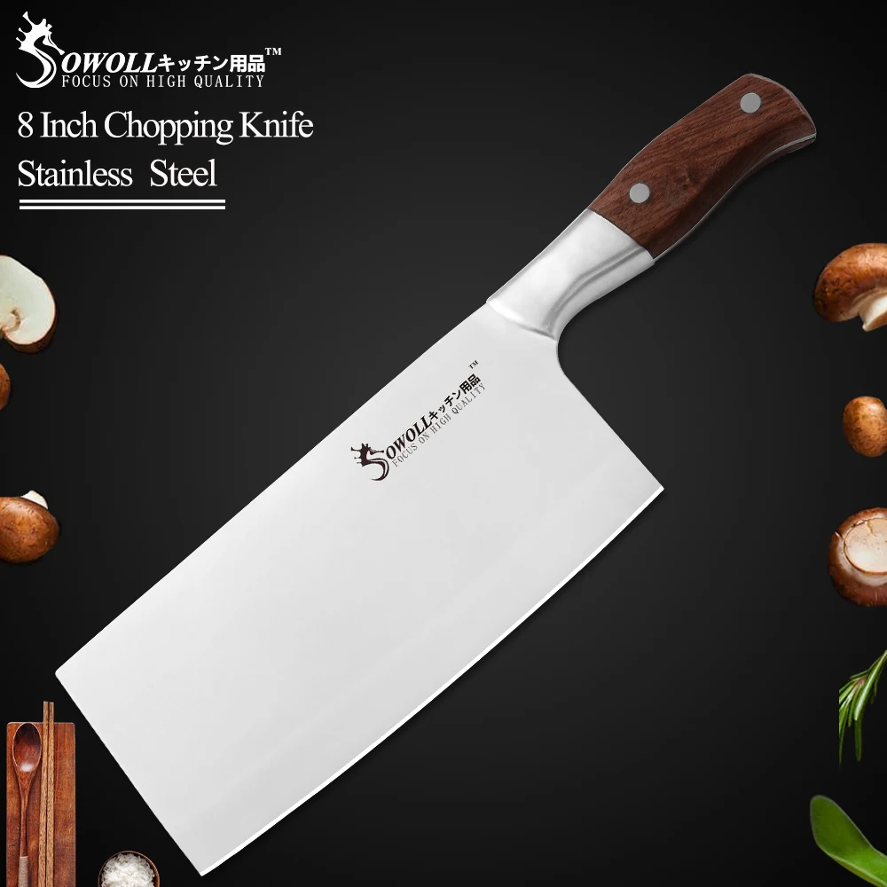 

Sowoll Brand 4Cr13 Stainless Steel 8 Inch Chopping Knife High Quality Color Wood Handle Cleaver Chopping Knife for Bone Meat