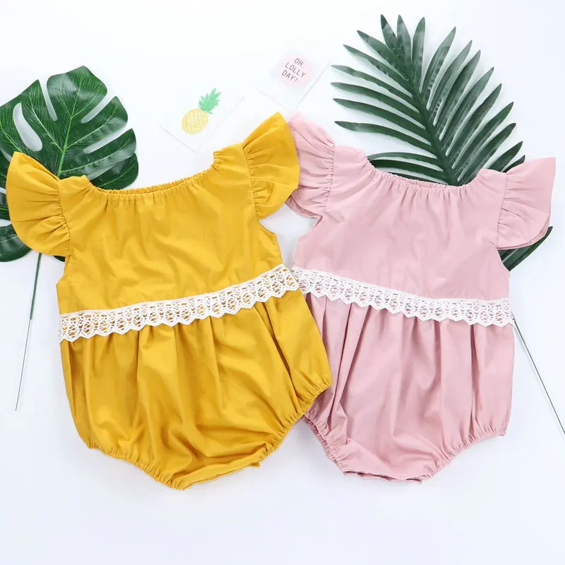 Baby Girls Summer Cute Solid Bodysuits Kids Lace Flying Sleeve Ruffles