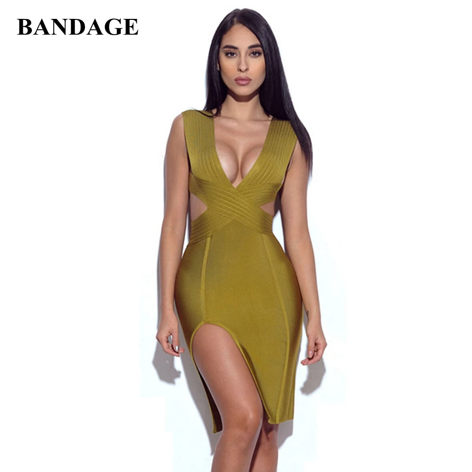 

2019 Summer Sexy Party High Split Olive Green V Neck Plunge Neckline Sleeveless One Piece Side Slitted Fashion Bandage Dress