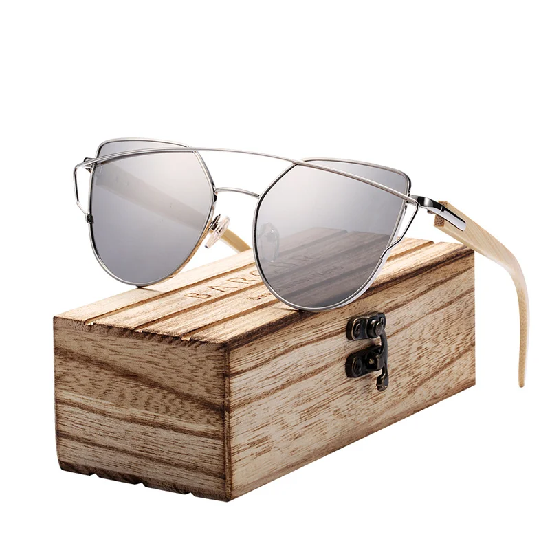 BARCUR Bamboo Cat Eye Sunglasses Polarized Metal Frame Wood Glasses Lady Luxury Fashion Sun Shades With Box Free 18