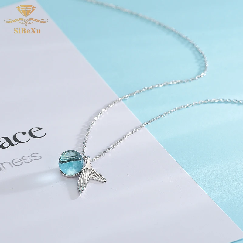 

925 Silver Ocean Sea Blue Crystal stone Fish Whale's Tail Mermaid Pendant Necklaces Women Silver Jewelry Bijoux 2019 new