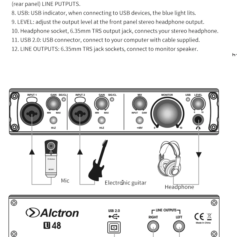 Alctron U48 24 бит двухканальный USB внешняя звуковая карта преобразует сигнал из A в D или D в A для прямой трансляции и записи