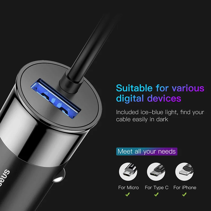 Baseus 2 في 1 USB C شاحن سيارة USB نوع C الربيع كابل يو إس بي C كابل للهاتف مهايئ شاحن ل فون X 8 سامسونج USB شاحن سيارة