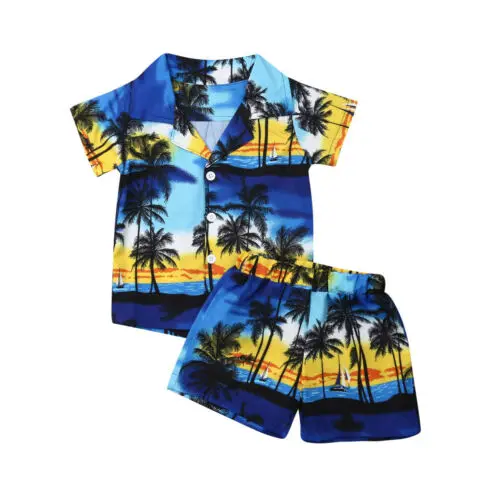 Одежда для маленьких мальчиков; комплект из 2 предметов для маленьких мальчиков; гавайская рубашка и шорты; комплект со штанами; Повседневная пляжная одежда