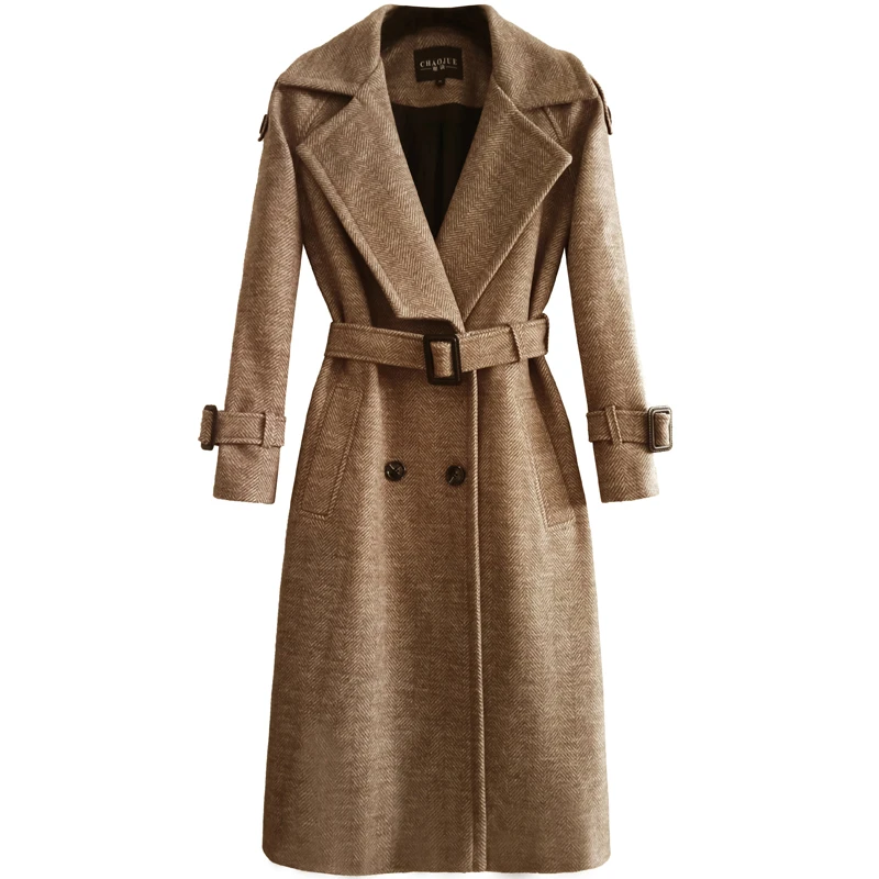 CHAOJUE Осень/Зима Женское шерстяное пальто с узором в елочку, английское модное пальто с пуговицами сзади, женское серое шерстяное пальто