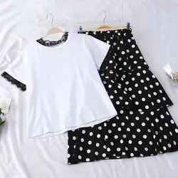 Женская кружевная юбка, комплект повседневной одежды из 2 предметов, Милая футболка с круглым вырезом и коротким рукавом, многослойная юбка